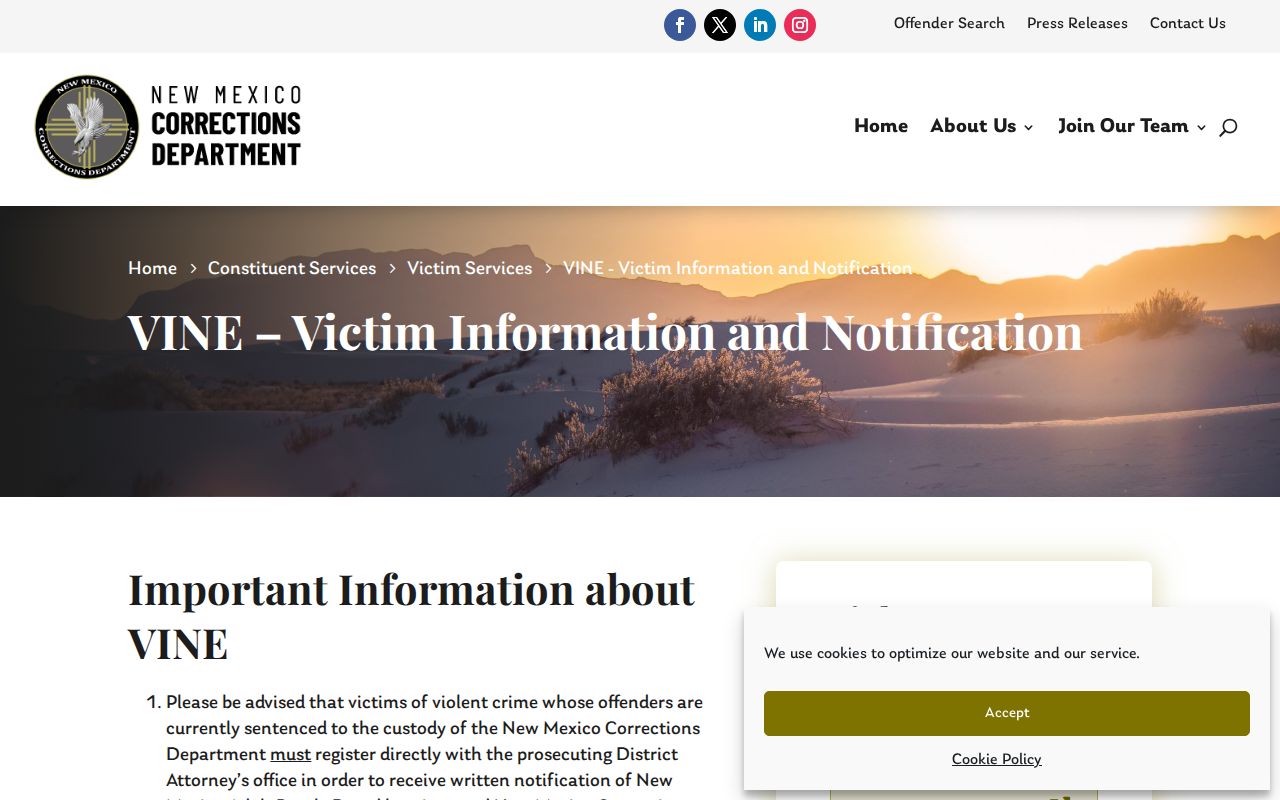 Colfax County arrest custody and release notification through New Mexico VINE