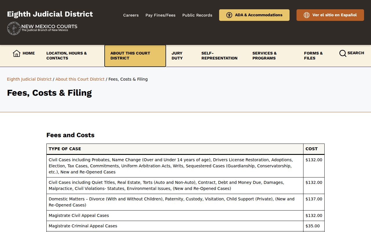 Colfax County criminal court case copy and certification fees